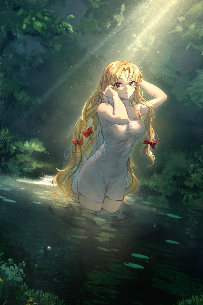 1girl, absurdres, artist_name, bangs, baozishark, bare_shoulders, bow, bush