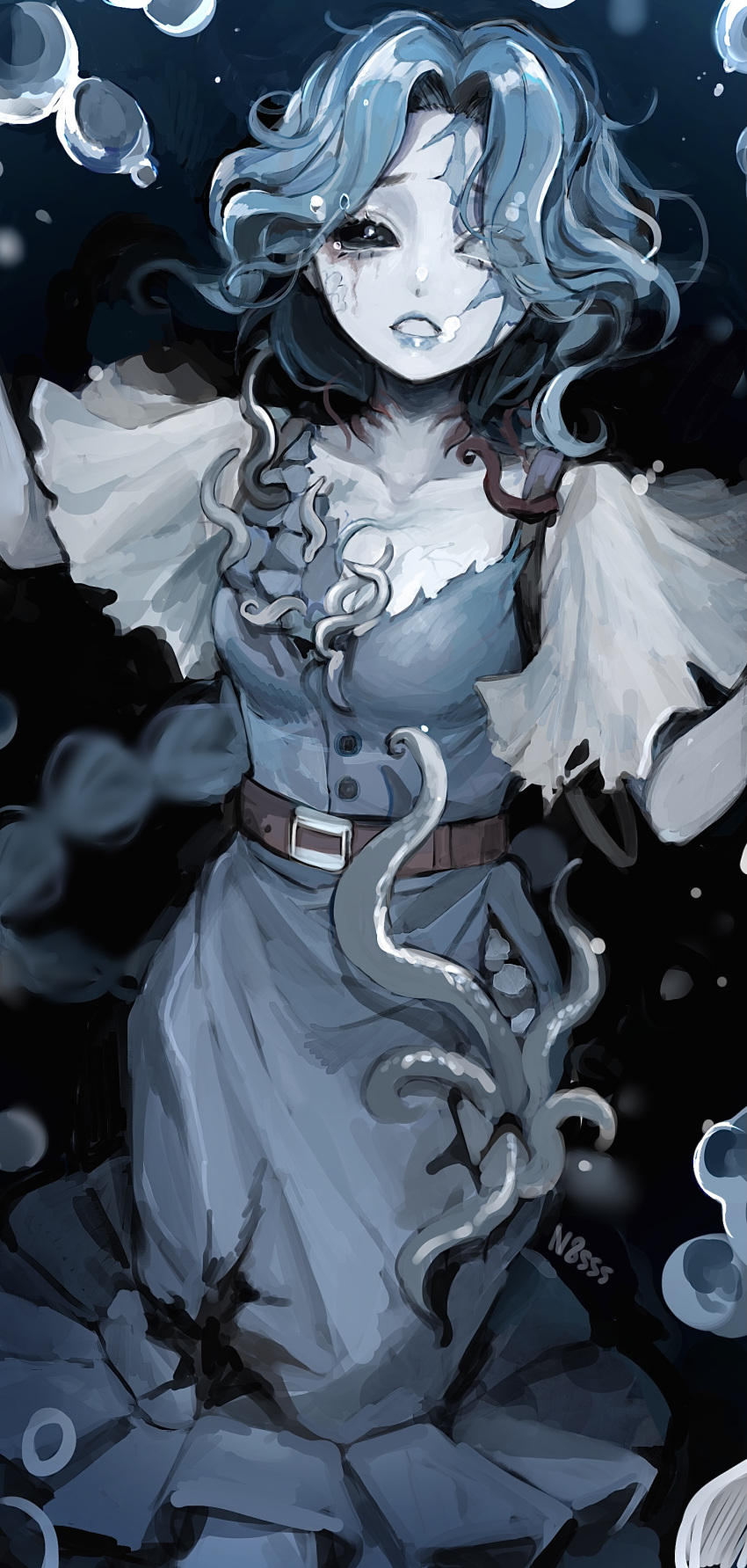 1girl, absurdres, air_bubble, artist_name, belt, black_sclera, blue_dress, blue_hair