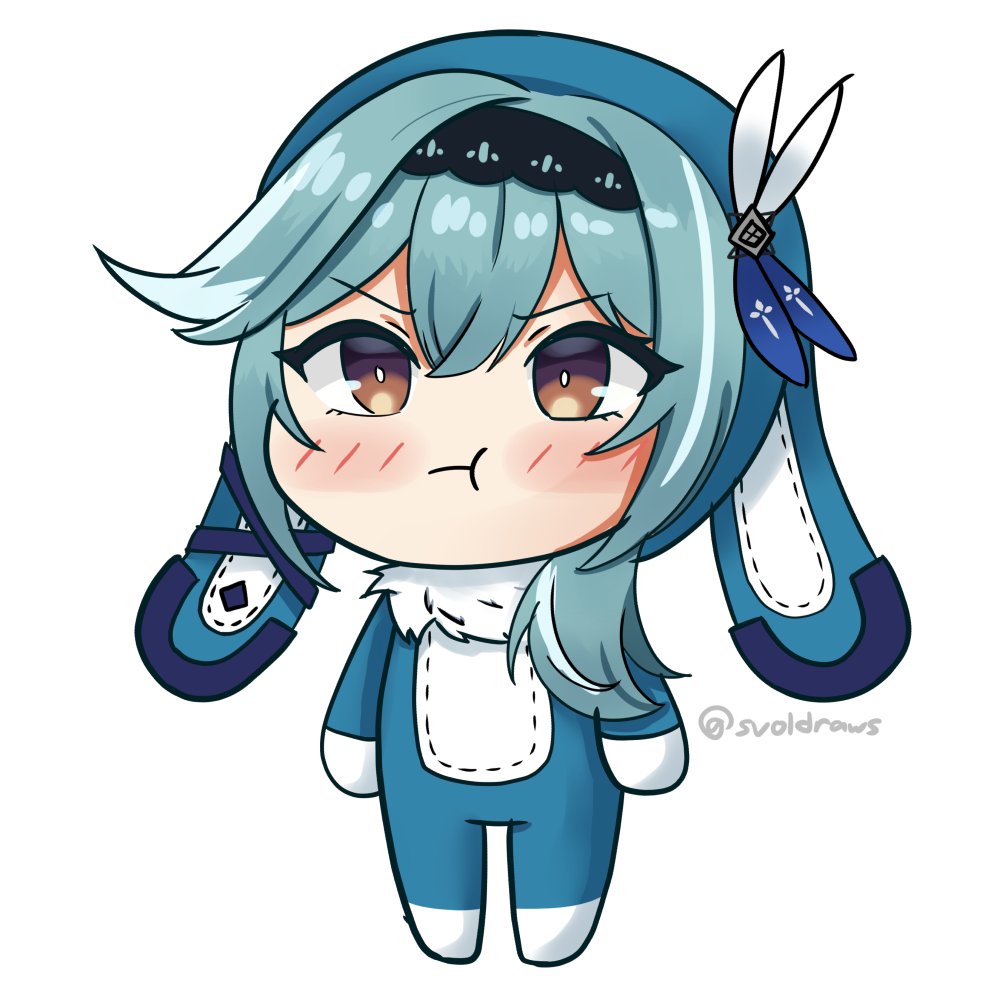 1girl, :t, alternate_costume, animal_costume, animal_ears, bangs, baron_bunny_(genshin_impact), baron_bunny_(genshin_impact)_(cosplay), blue_hair, blush, brown_eyes, bunny_costume, chibi, commentary, cosplay, english_commentary, essex_face, eula_(genshin_impact), eyebrows_visible_through_hair, fake_animal_ears, full_body, genshin_impact, hair_between_eyes, hair_ornament, hairband, long_hair, long_sleeves, looking_at_viewer, parody, pout, rabbit_ears, sidelocks, simple_background, solo, style_parody, svol, twitter_username