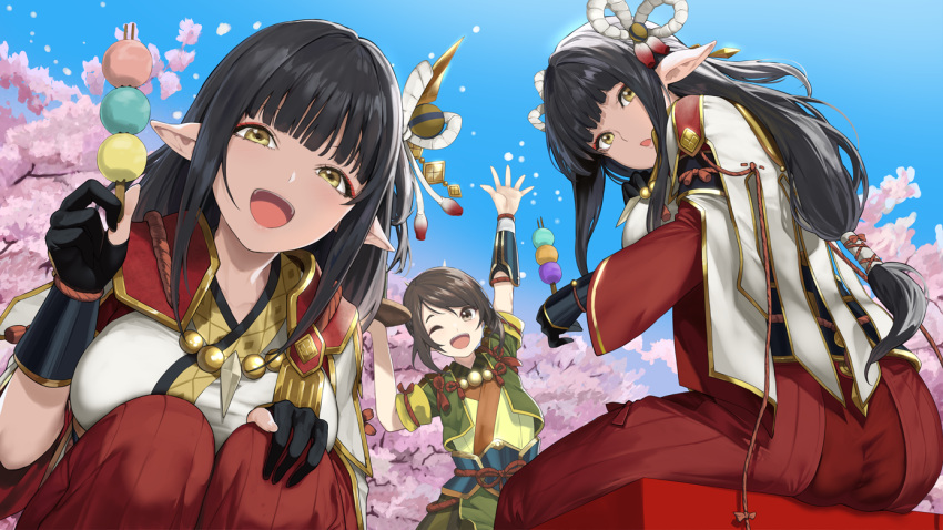 3girls, bangs, blunt_bangs, breasts, dango, fewer_digits, food, hime_cut, hinoa, large_breasts, minoto, monster_hunter_(series), monster_hunter_rise, multiple_girls, pointy_ears, siblings, sisters, twins, wagashi, yappen, yellow_eyes, yomogi_(monster_hunter)