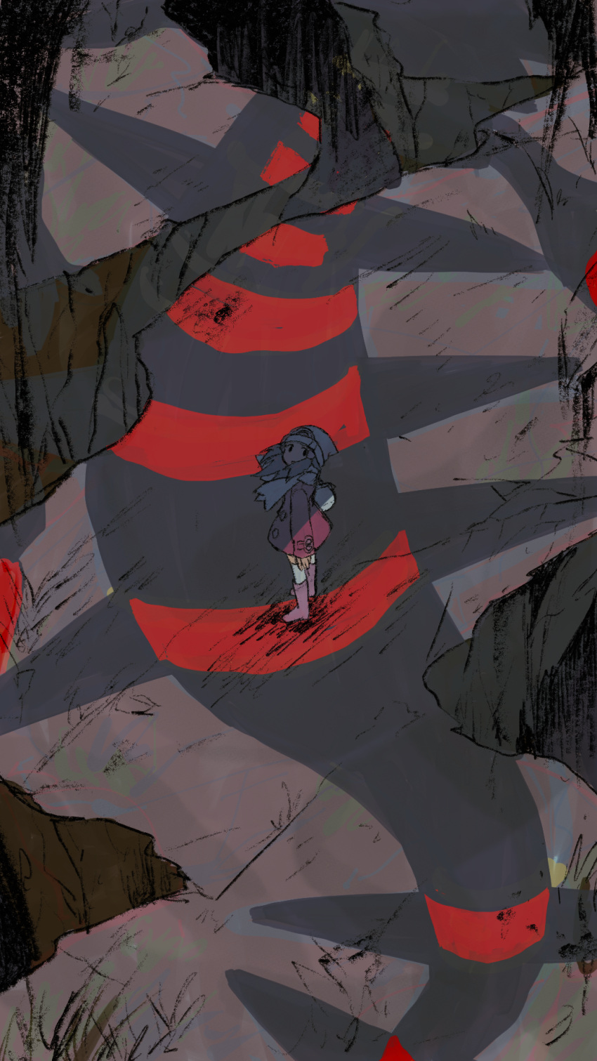 1girl, bag, beanie, blue_hair, boots, cliff, commentary_request, from_above, giratina, hat, highres, hikari_(pokemon), hinase_kaguya, looking_up, medium_hair, pink_coat, pink_footwear, pokemon, pokemon_(game), pokemon_dppt, scarf, shadow, solo, standing, wind