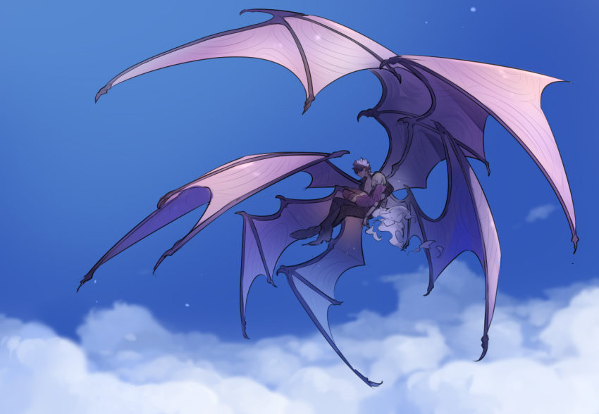 1boy, 1girl, bangs, bat_wings, belial_(granblue_fantasy), black_shirt, black_wings, blonde_hair