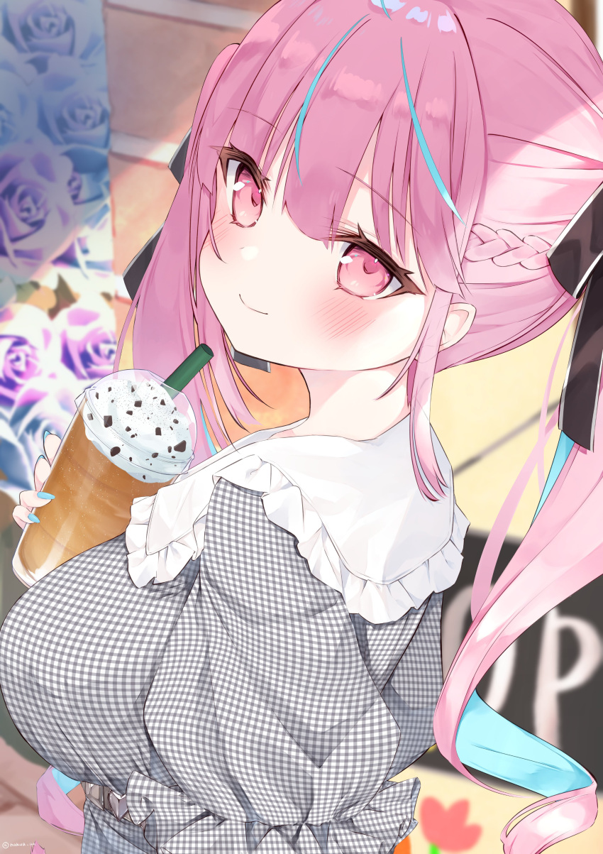 1girl, absurdres, bangs, blue_hair, blunt_bangs, checkered, colored_inner_hair, flower