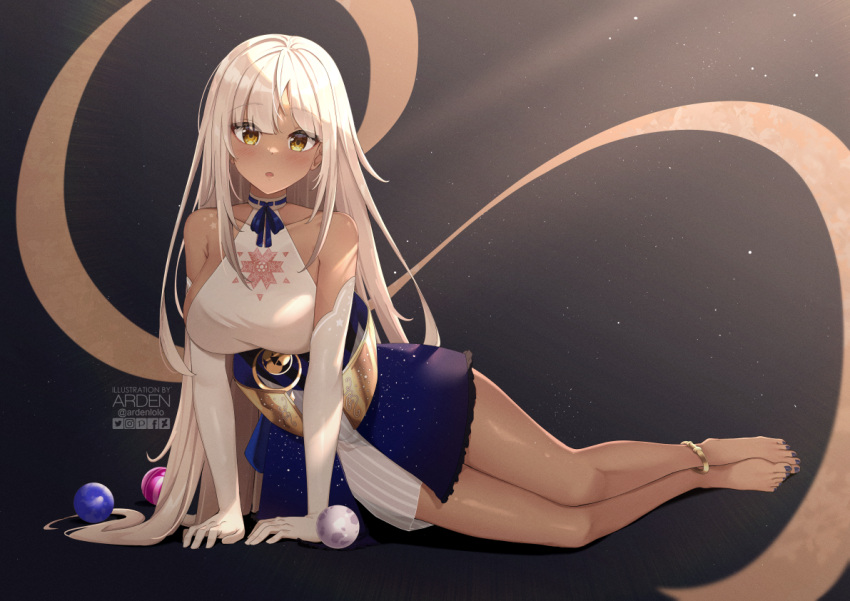 1girl, anklet, ardenlolo, arm_support, bangs, bare_shoulders, barefoot, blue_nails