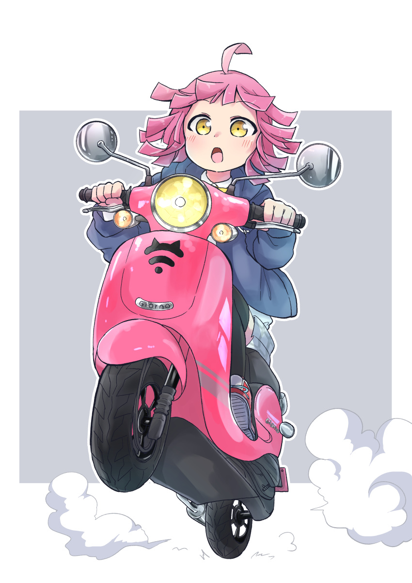 1girl, :o, absurdres, ahoge, black_legwear, ground_vehicle, highres, honda_giorno