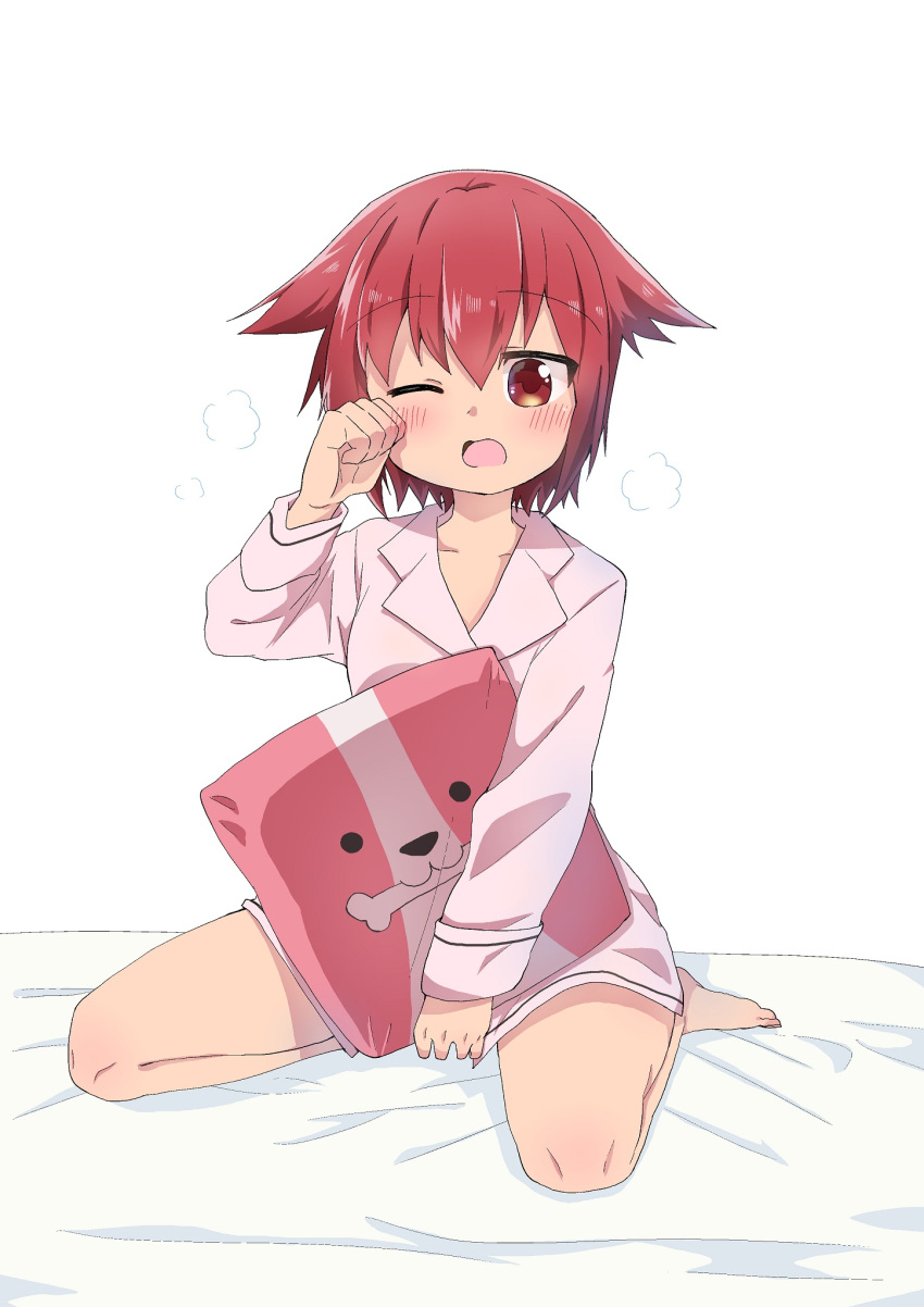 1girl, blush, brown_eyes, highres, jetracer, one_eye_closed, pajamas, pillow