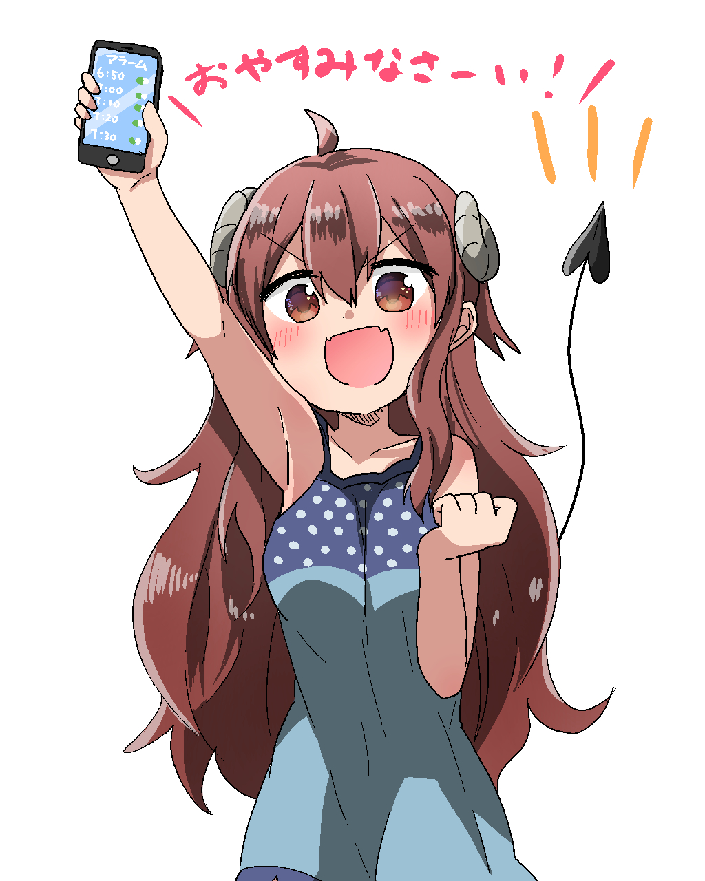 1girl, :d, ahoge, blush, brown_eyes, brown_hair, camisole, cellphone