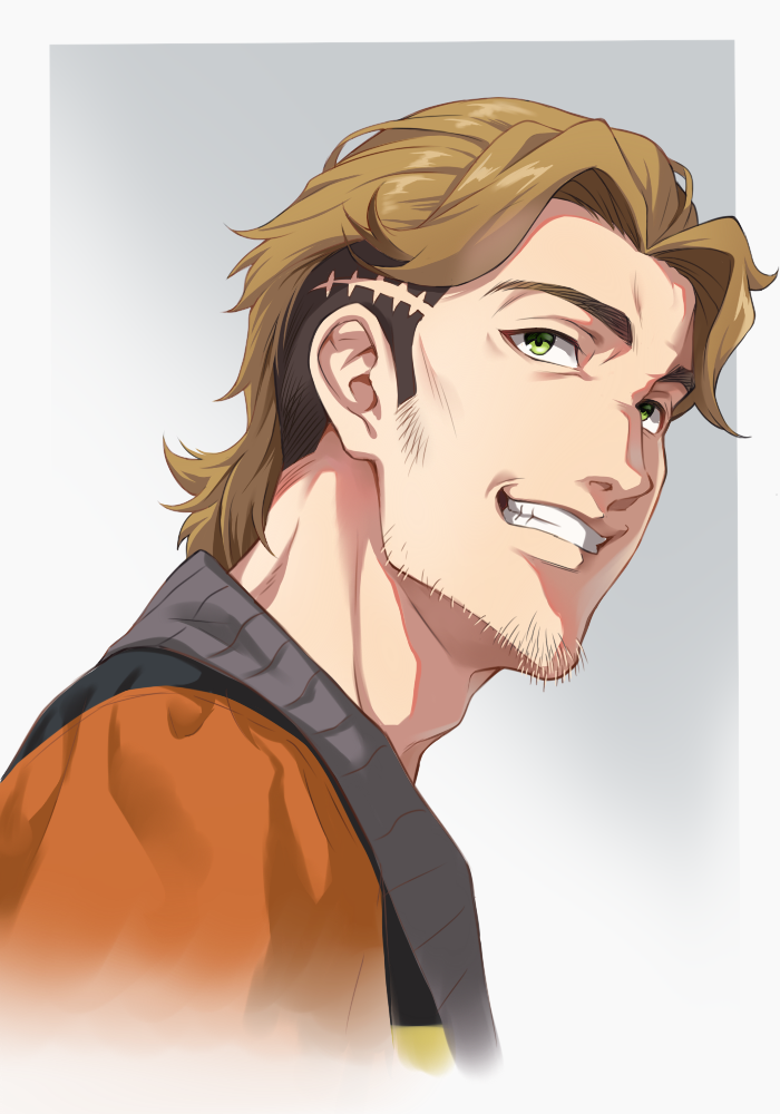 1boy, adam's_apple, black_hair, brown_hair, facial_hair, gagumber, gradient, gradient_background
