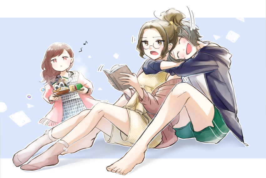 3girls, :d, :x, ^_^, annoyed, arms_around_neck, bangs, barefoot