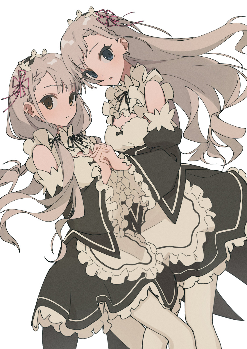 2girls, :o, absurdres, alternate_costume, asymmetrical_bangs, bangs, braid, braided_bangs, cleavage_cutout, clothing_cutout, detached_sleeves, dress, dutch_angle, earrings, enmaided, expressionless, eyebrows_visible_through_hair, feet_out_of_frame, floating_hair, frilled_dress, frilled_sleeves, frills, grey_hair, highres, hisakawa_hayate, hisakawa_nagi, holding_hands, idolmaster, idolmaster_cinderella_girls, interlocked_fingers, jewelry, looking_at_viewer, maid, miroir_(idolmaster), multiple_girls, nigime_shi, pantyhose, pinafore_dress, siblings, simple_background, sisters, symmetry, twins, two-tone_dress, white_background, white_legwear, wide_sleeves