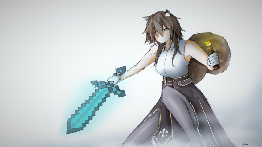 1girl, absurdres, animal_ear_fluff, animal_ears, ayunda_risu, bangs, black_hair, black_legwear, black_skirt, collared_shirt, diamond_sword, echo_(echo0delta), hair_over_one_eye, highres, holding, holding_sword, holding_torch, holding_weapon, hololive, hololive_indonesia, medium_hair, minecraft, minecraft_sword, one_eye_covered, pantyhose, shirt, shirt_tucked_in, sketch, skirt, sleeveless, sleeveless_shirt, solo, squirrel_ears, squirrel_girl, squirrel_tail, sword, tail, torch, virtual_youtuber, weapon, white_shirt