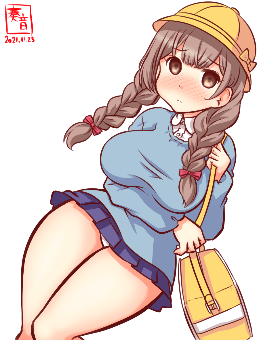 1girl, alternate_costume, bag, bare_legs, bell, blue_shirt, blue_skirt, braid