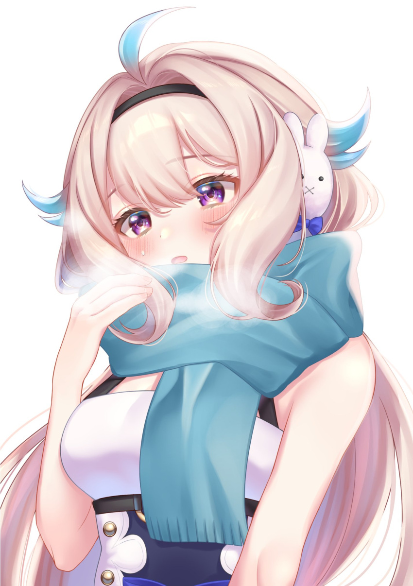 1girl, black_hairband, blue_hair, blue_scarf, blush, bow, breasts, chiro_mo_ni_yon