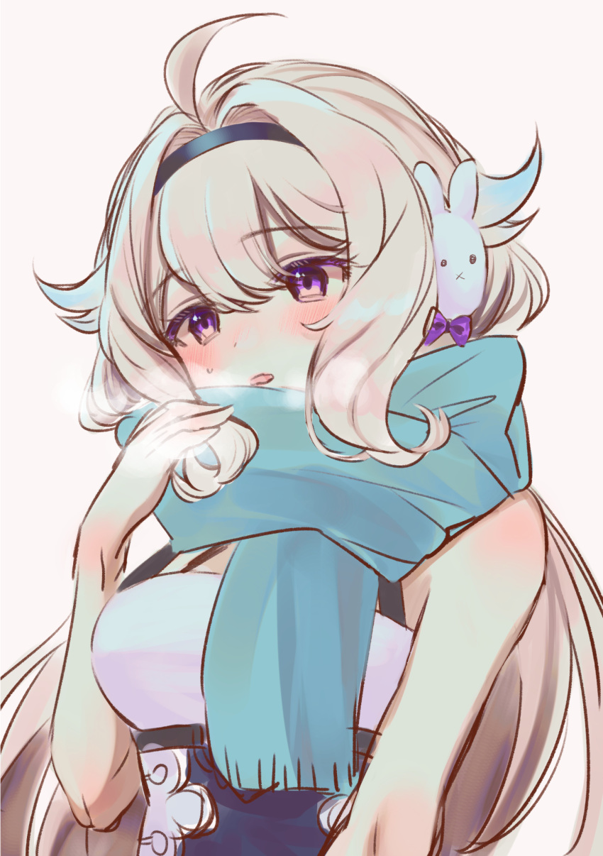 1girl, beige_background, black_hairband, blue_hair, blue_scarf, blush, bow, breasts