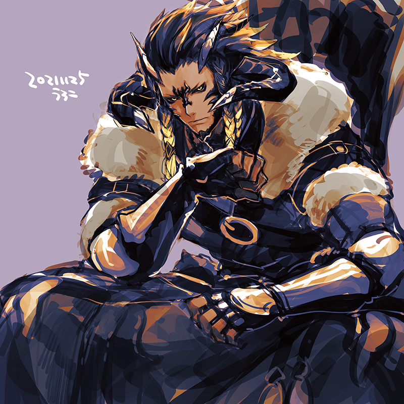 1boy, au_ra, black_sclera, braid, chest_harness, colored_sclera, commentary, dated