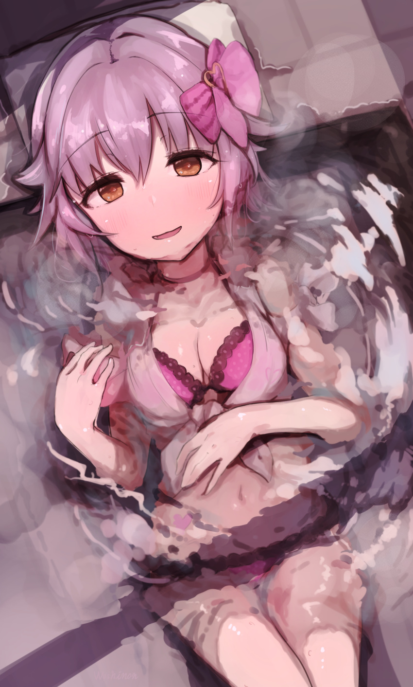 1girl, absurdres, bikini, blush, brown_eyes, eyebrows_visible_through_hair, hair_flaps, highres