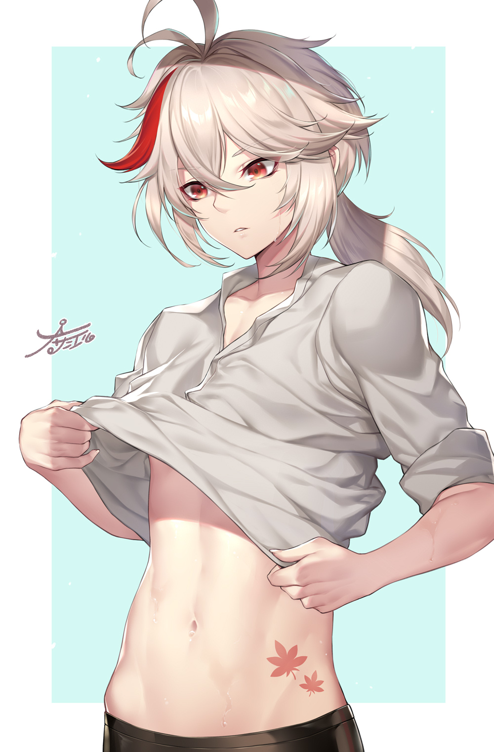 1boy, antenna_hair, bangs, black_pants, blush, bodypaint, casual, clothes_lift, collarbone, collared_shirt, commentary, cowboy_shot, crossed_bangs, eyebrows_visible_through_hair, genshin_impact, hair_between_eyes, highres, kaedehara_kazuha, lifted_by_self, long_hair, long_torso, looking_down, low_ponytail, male_focus, multicolored_hair, nasaniliu, navel, pants, parted_lips, red_eyes, redhead, shirt, shirt_lift, sidelocks, signature, skirt, sleeves_rolled_up, solo, standing, stomach, streaked_hair, sweat, white_background, white_hair, white_skirt