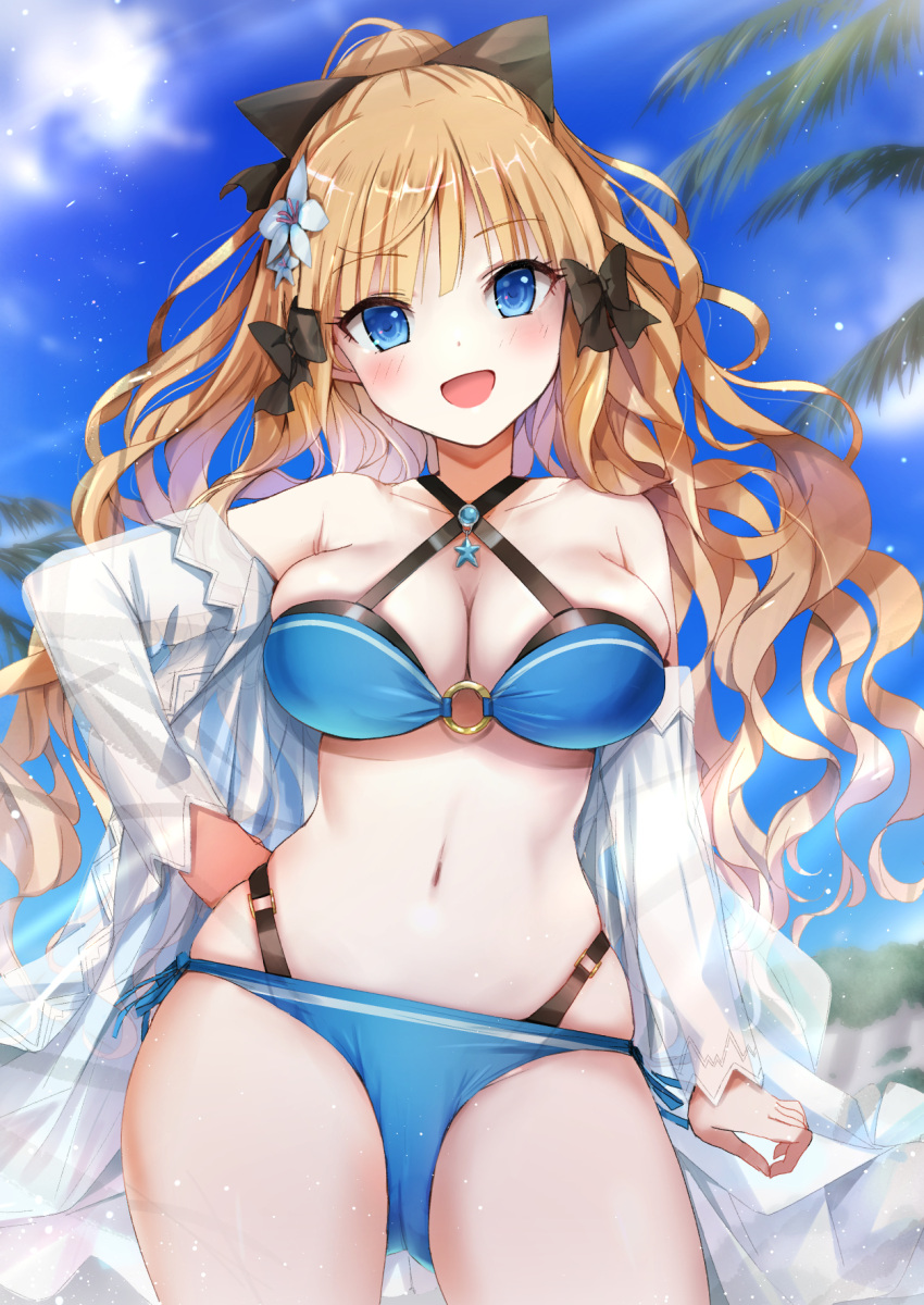 1girl, bangs, bare_shoulders, bikini, black_bow, blonde_hair, blue_bikini, blue_eyes, blue_sky, bow, breasts, commentary_request, criss-cross_halter, eyebrows_visible_through_hair, flower, hair_bow, hair_flower, hair_ornament, hair_up, halterneck, hand_on_hip, highres, large_breasts, long_hair, long_sleeves, looking_at_viewer, natsushima_memo, navel, o-ring, o-ring_bikini, off_shoulder, open_mouth, outdoors, palm_tree, ponytail, princess_connect!, saren_(princess_connect!), side-tie_bikini, skindentation, sky, smile, solo, star_(symbol), swimsuit, tree, white_flower