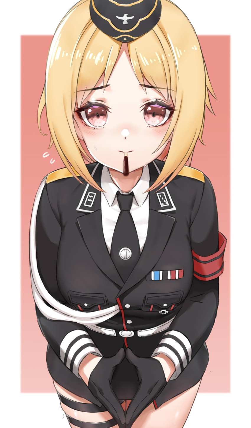 absurdres, armband, black_gloves, black_headwear, black_jacket, black_necktie, blonde_hair, breast_pocket