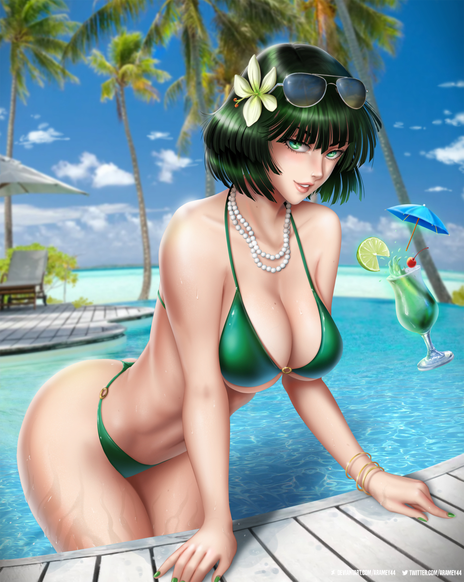 1girl, alternate_costume, aramey, bangs, bikini, cocktail_glass, cup, drinking_glass