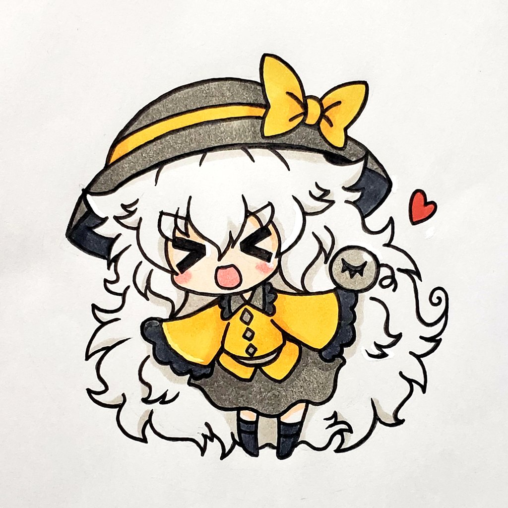 >_<, 1girl, black_footwear, black_skirt, blouse, blush, bow, chibi, collared_shirt, disheveled, eyeball, frilled_shirt_collar, frilled_sleeves, frills, hat, hat_bow, heart, komeiji_koishi, long_hair, long_sleeves, nejirome, open_mouth, shirt, silver_hair, simple_background, skirt, standing, third_eye, touhou, traditional_media, white_background, wide_sleeves, yellow_blouse, yellow_bow, yellow_shirt