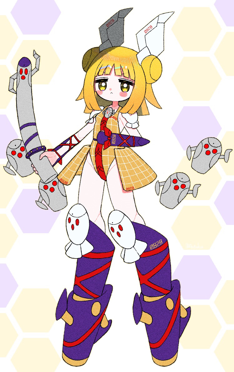 1girl, :<, adapted_costume, armor, bangs, blonde_hair, bloomers, blunt_bangs, blush_stickers, breasts, dotaku_(wran8845), double_bun, hair_ribbon, haniwa_(statue), hexagon, holding, jitome, joutouguu_mayumi, leotard, leotard_under_clothes, mecha_musume, mechanical_arms, mechanization, pauldrons, plaid_leotard, ribbon, short_hair, shoulder_armor, sidelocks, small_breasts, solo, touhou, underwear, white_ribbon, yellow_eyes, yellow_leotard
