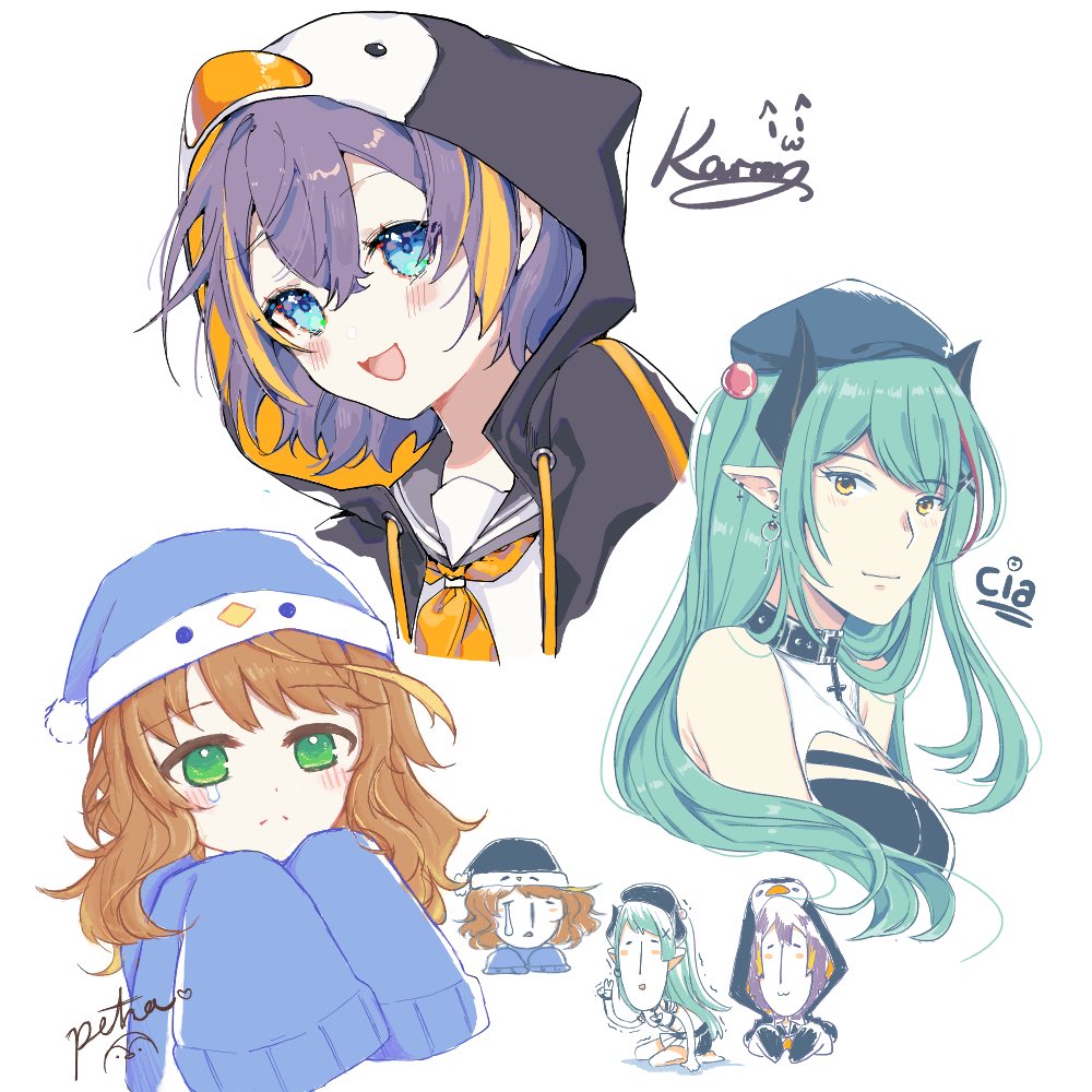 3girls, :3, =_=, amicia_michella, amicia_michella_(artist), animal_hood, artist_name, bangs