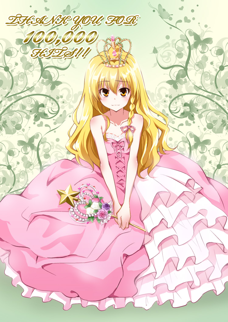 alternate_costume, bare_shoulders, blonde_hair, blush, body_blush, braid, butterfly, crown, dress, embarrassed, english, flower, frilled_dress, frills, frilly_dress, gathers, heart, hits, kirisame_marisa, light_smile, long_hair, pink_dress, raised_eyebrow, s_makoto, smile, solo, touhou, v_arms, vines, wand, yellow_eyes