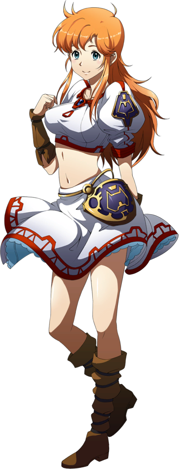 1girl, arm_behind_back, blue_eyes, breasts, brown_footwear, chris_(langrisser), closed_mouth, crop_top