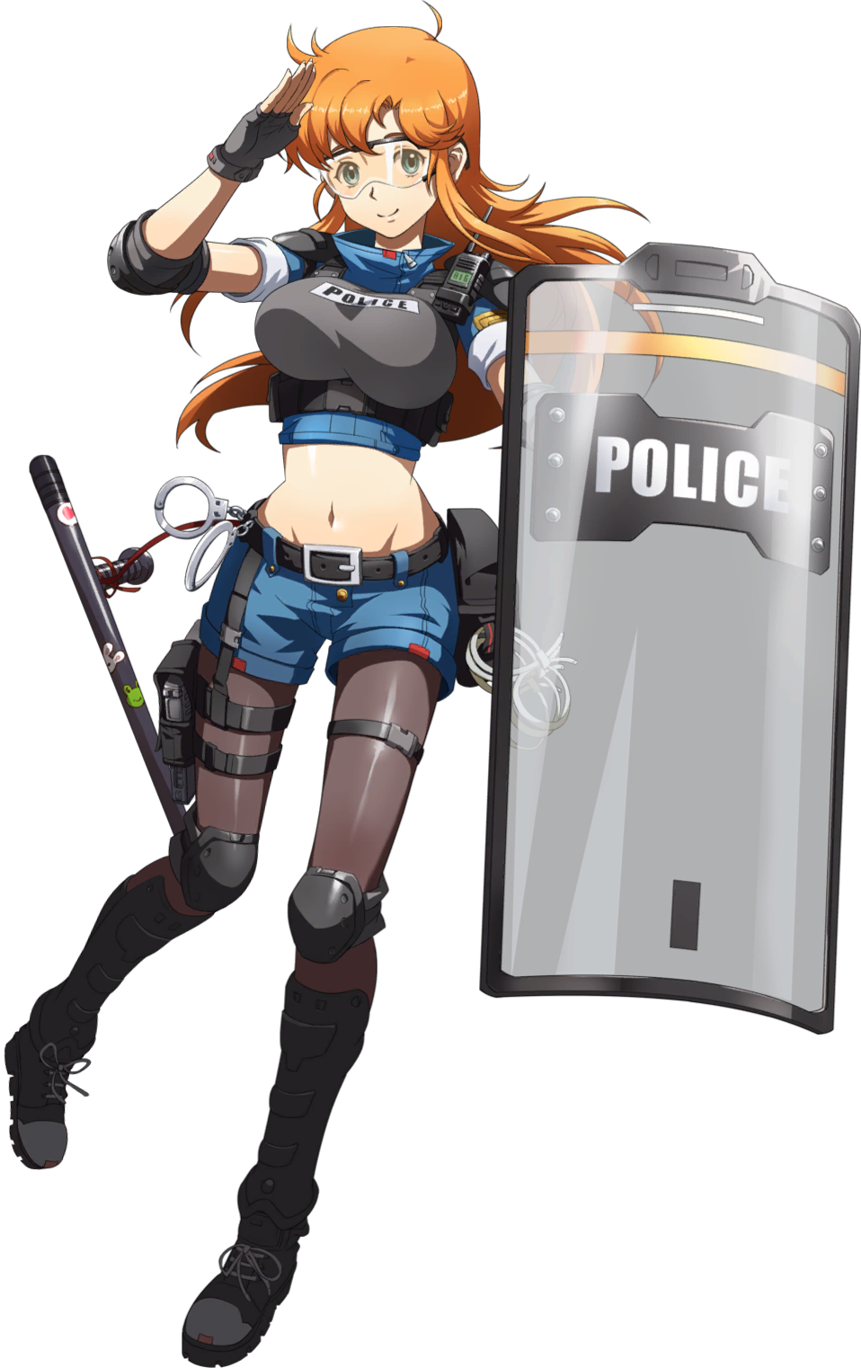 1girl, baton_(weapon), belt, belt_buckle, black_belt, black_footwear, blue_shorts, breasts