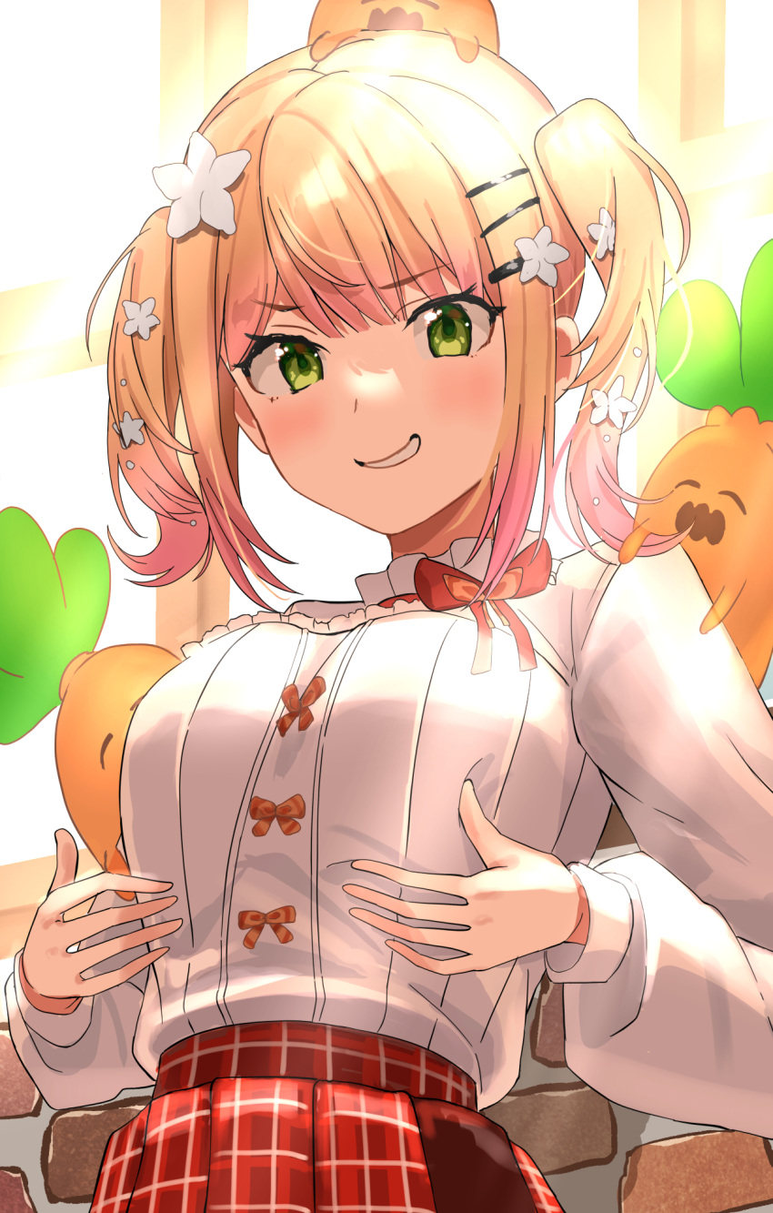 1girl, blonde_hair, blush, breasts, commentary, eyebrows_visible_through_hair, flower, gradient_hair