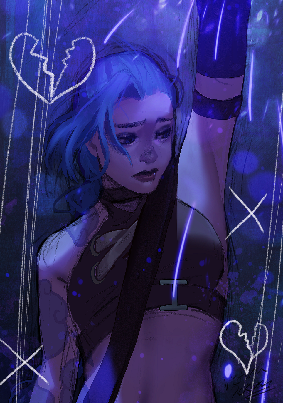 1girl, arcane:_league_of_legends, arm_tattoo, arm_up, armpits, bangs, bare_shoulders, blue_background