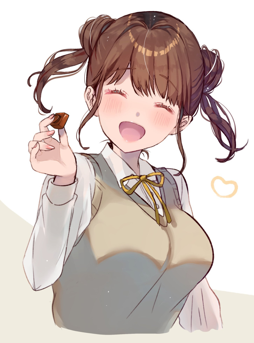 1girl, ^_^, ^o^, blush, breasts, brown_hair, chocolate, closed_eyes