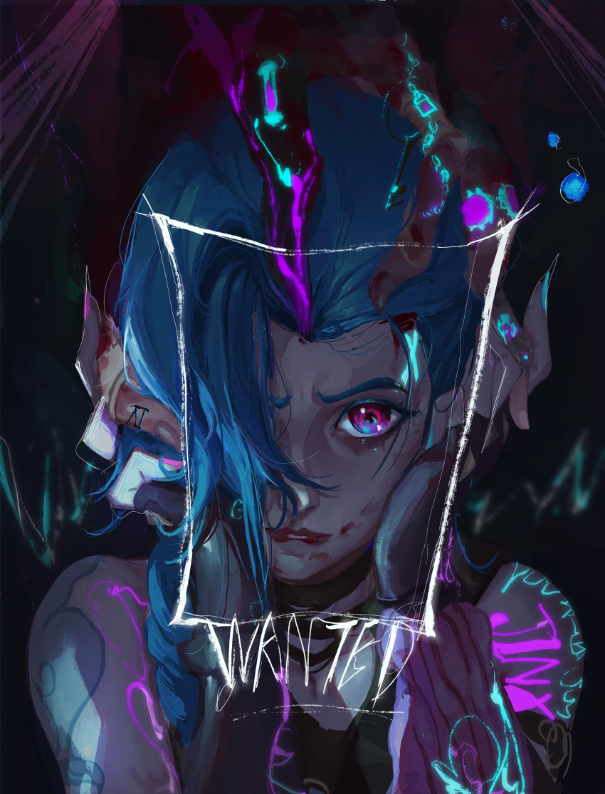 1girl, absurdres, arcane:_league_of_legends, bangs, bare_shoulders, black_background, black_choker, blue_hair