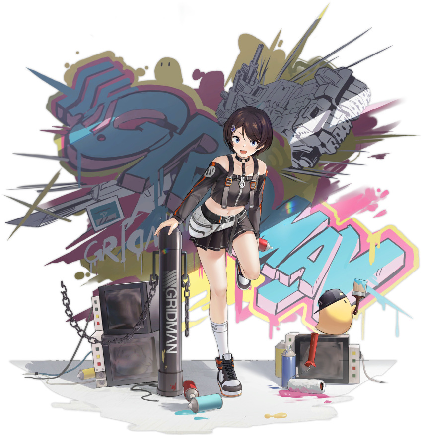 1girl, artist_request, azur_lane, bare_shoulders, black_choker, black_hair, black_jacket, black_skirt, blue_eyes, chain, choker, crop_top, detached_sleeves, graffiti, gridman_universe, hair_ornament, hairclip, highres, jacket, leg_up, looking_at_viewer, manjuu_(azur_lane), namiko, namiko_(miss_street-wise), navel, off-shoulder_jacket, off_shoulder, official_alternate_costume, official_art, open_mouth, paintbrush, short_hair, skirt, ssss.gridman, standing, transparent_background, white_legwear