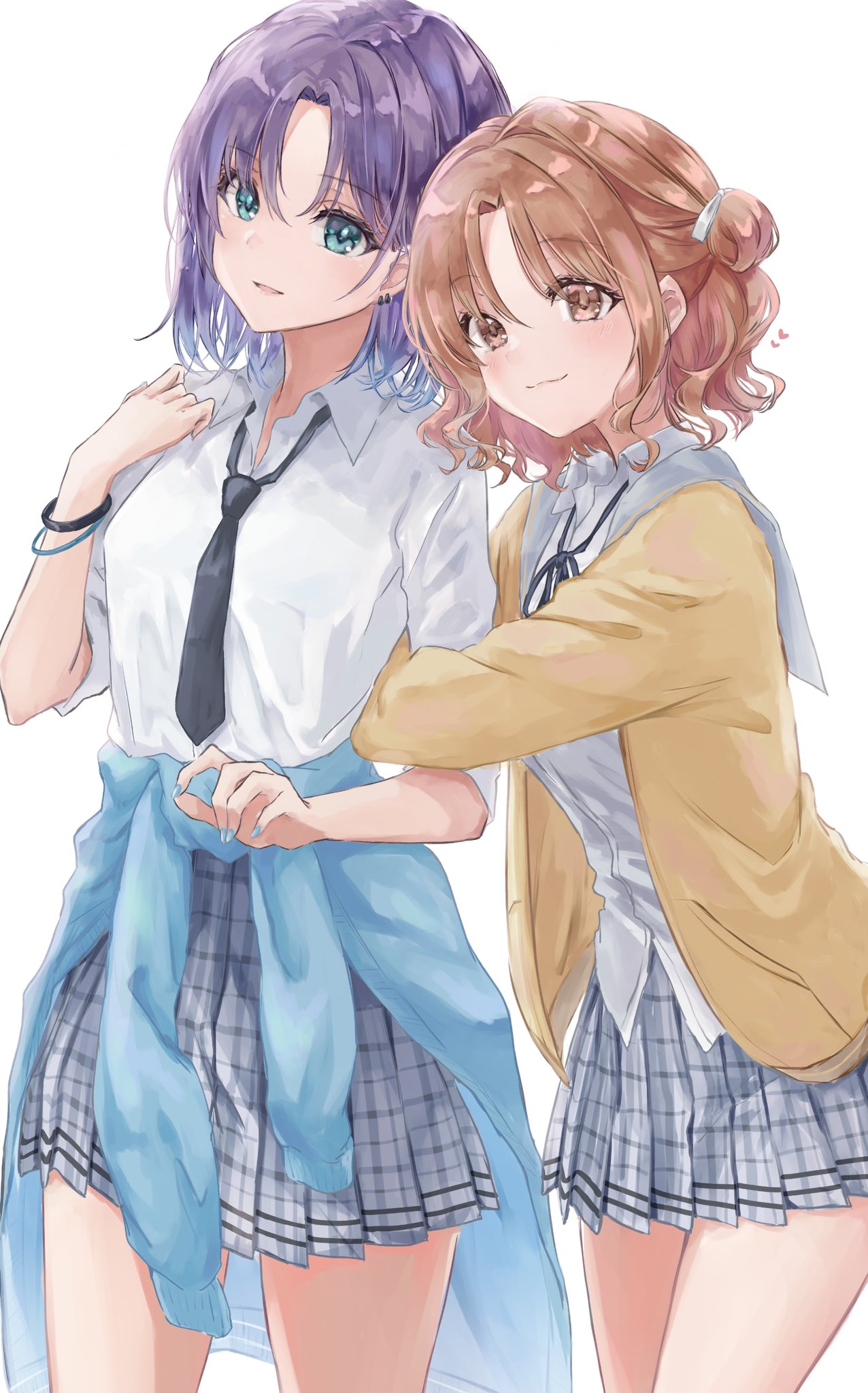 2girls, aoba_yukichi, arm_hug, asakura_tooru, bangs, blush, brown_hair, cardigan, clothes_around_waist, cowboy_shot, earrings, eyebrows_visible_through_hair, hair_bun, heart, heart_print, highres, ichikawa_hinana, idolmaster, idolmaster_shiny_colors, jacket, jacket_around_waist, japanese_clothes, jewelry, light_smile, loose_neck_ribbon, loose_necktie, multiple_girls, necktie, parted_bangs, plaid, plaid_skirt, pleated_skirt, purple_hair, school_uniform, short_hair, simple_background, skirt, white_background, yellow_cardigan