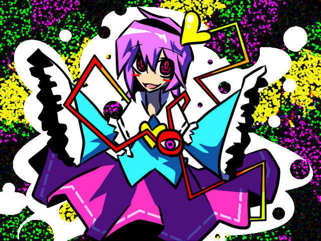 1girl, blue_shirt, blush_stickers, dotted_background, green_background, hair_ornament, headband, heart, heart_hair_ornament, komeiji_satori, mothclute, pink_background, pink_eyes, pink_hair, pink_skirt, shirt, short_hair, skirt, smile, third_eye, touhou, wide_sleeves, yellow_background