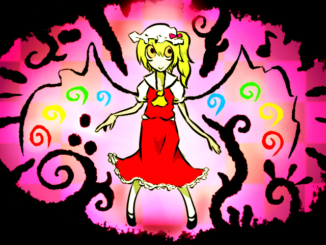 1girl, :>, blonde_hair, checkered, checkered_background, choker, darkness, flandre_scarlet, full_body, hat, mary_janes, mob_cap, mothclute, pink_background, puffy_short_sleeves, puffy_sleeves, red_choker, red_skirt, shoes, short_hair, short_sleeves, side_ponytail, skirt, swirl, touhou, wings, yellow_eyes