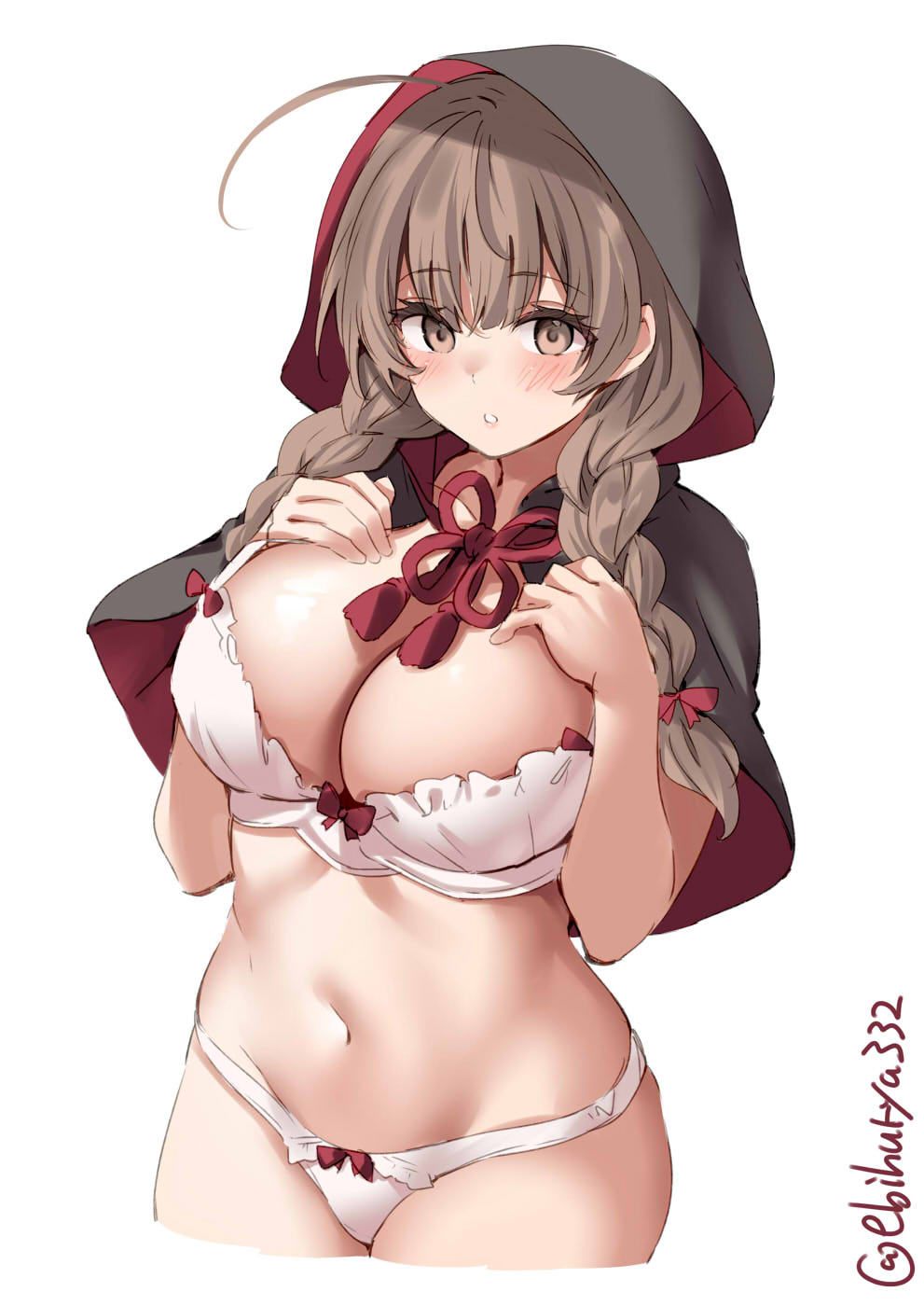 1girl, ahoge, black_capelet, black_dress, blush, bra, braid, breasts