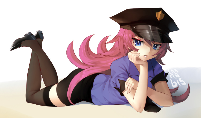 1girl, bangs, black_footwear, blue_eyes, blue_shirt, brown_legwear, brown_skirt, closed_mouth