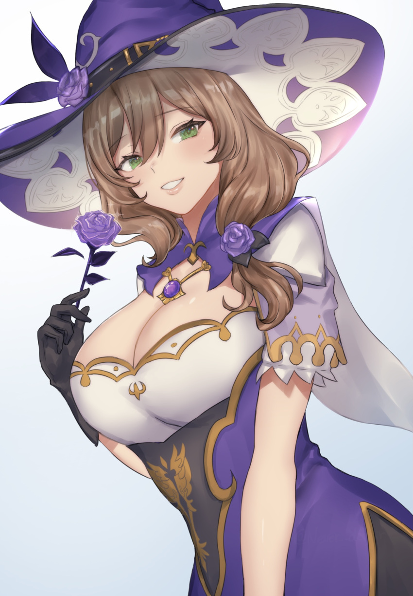 1girl, bangs, black_gloves, breasts, brown_hair, dress, flower, genshin_impact