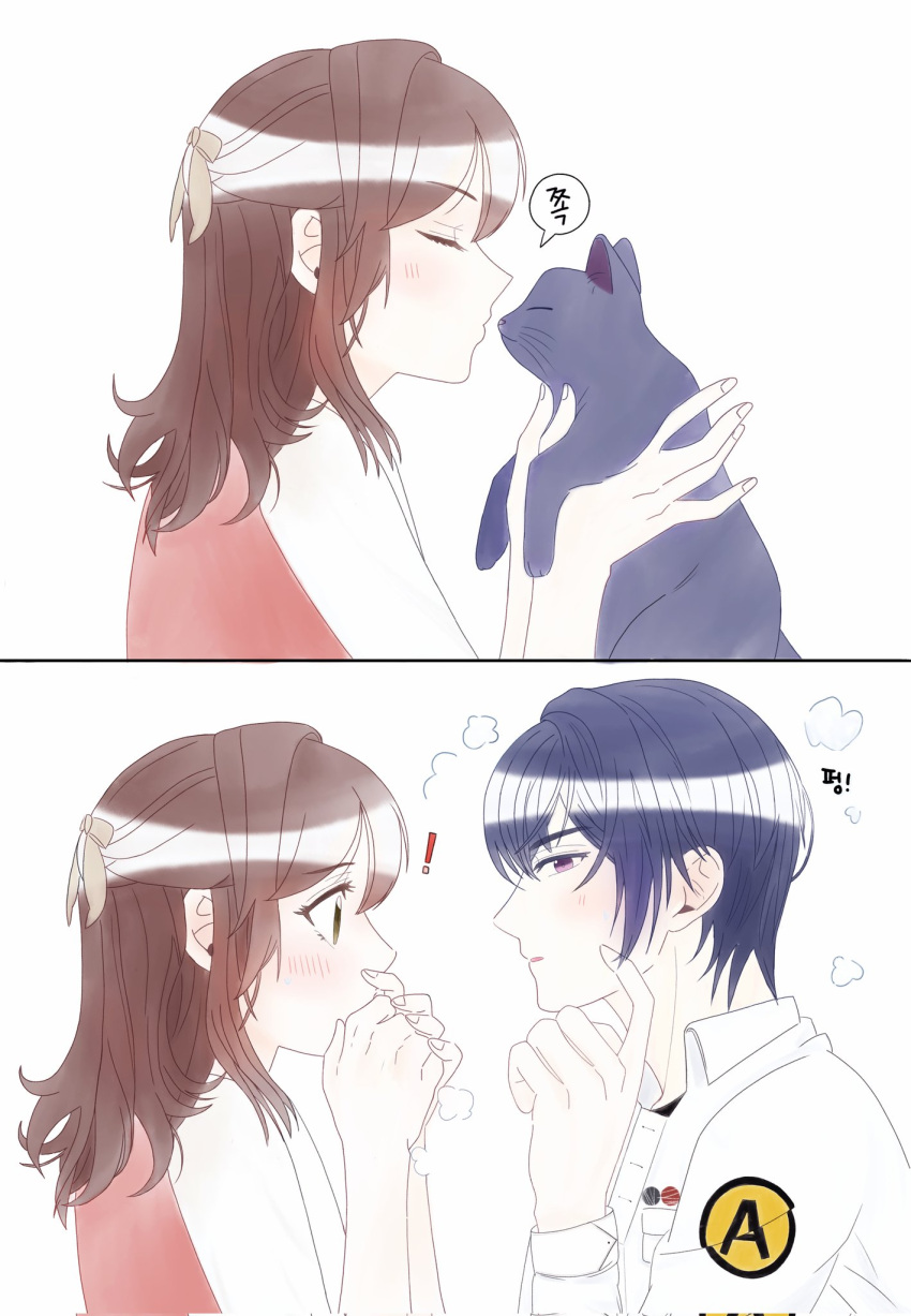 1boy, 1girl, bangs, bow, brown_eyes, brown_hair, covering_mouth, fingernails