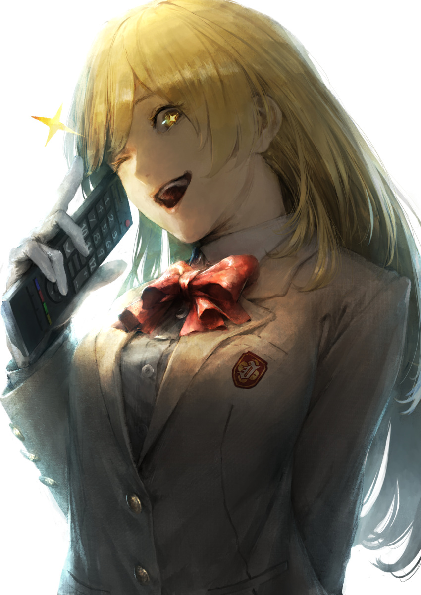 +_+, 1girl, :d, blonde_hair, breasts, controller, doya_(doya_oekaki), gloves