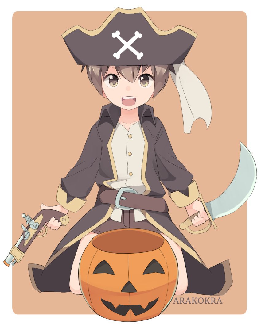 1boy, arakokra, bare_legs, belt, brown_eyes, child, english_commentary, fantasy