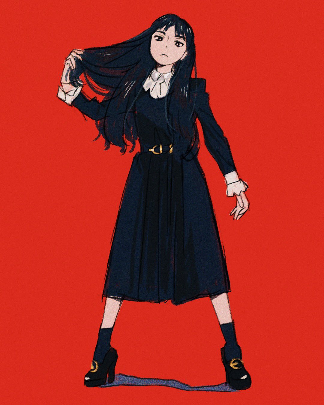 1girl, belt, black_eyes, black_footwear, black_hair, black_legwear, black_skirt, bright_pupils