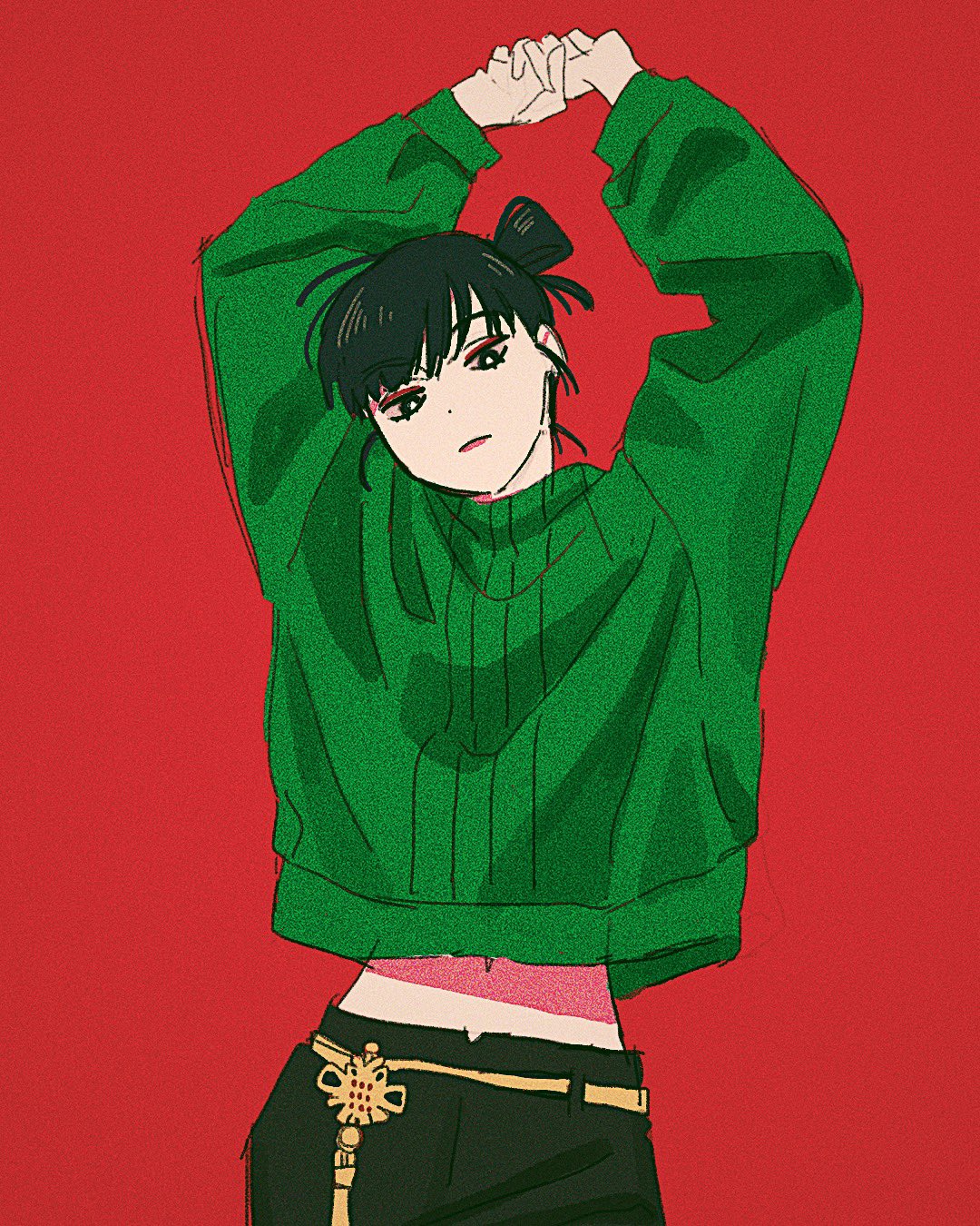 1girl, arms_up, black_eyes, closed_mouth, dark_green_hair, eyeshadow, film_grain, green_hair