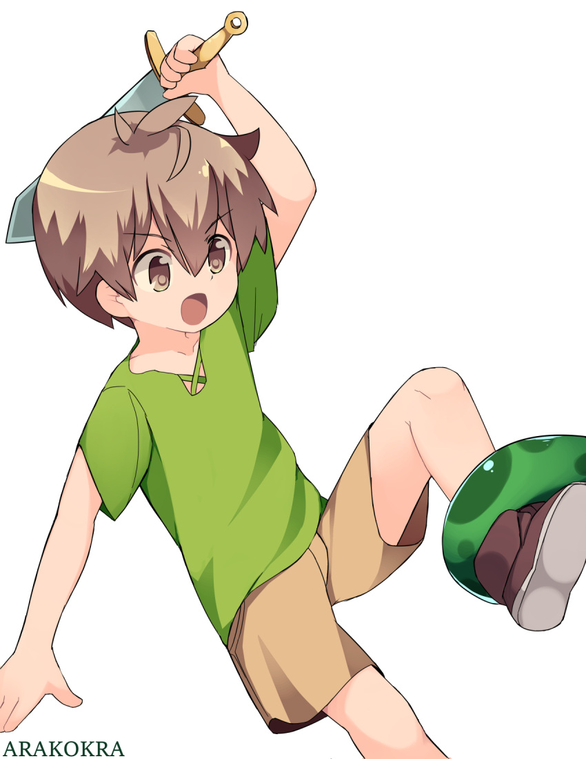 1boy, arakokra, bare_legs, brown_eyes, brown_shorts, commentary, eyebrows_visible_through_hair, fantasy