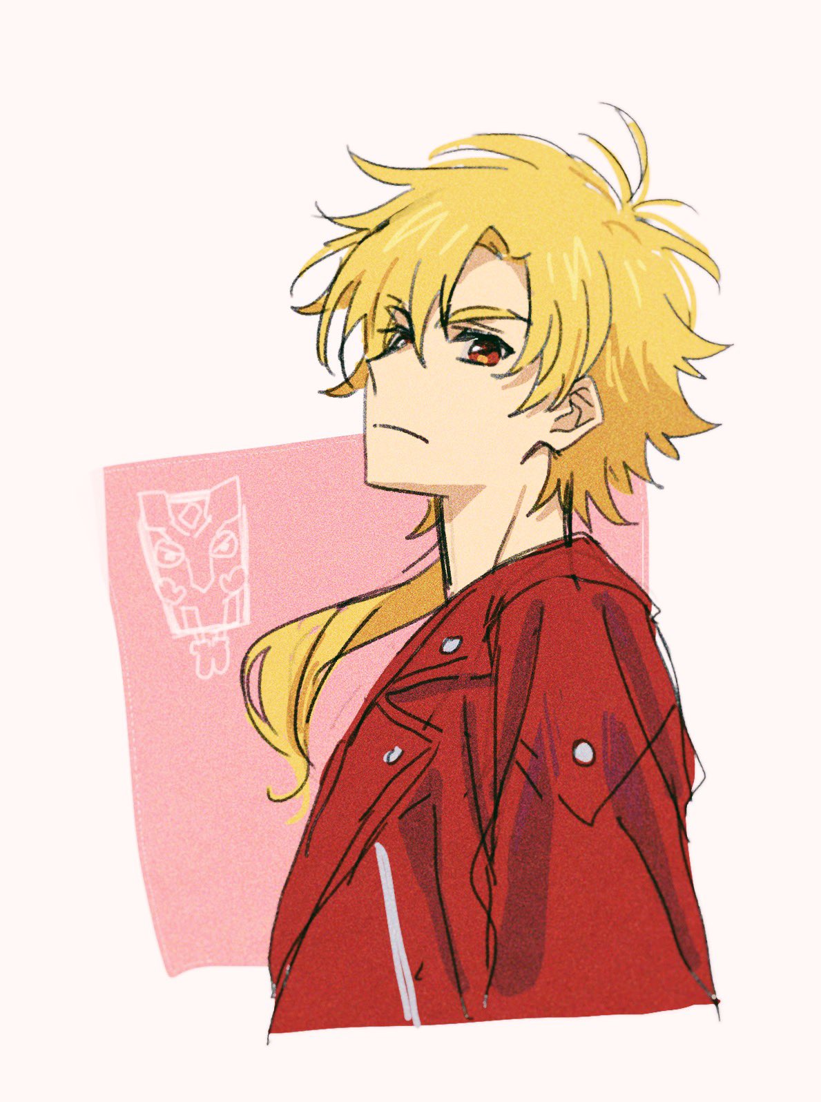 1boy, antenna_hair, blonde_hair, closed_mouth, film_grain, hair_between_eyes, highres, jacket