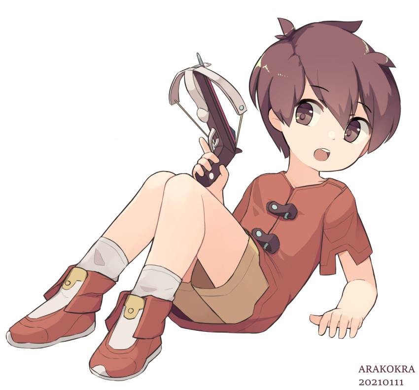 1boy, arakokra, bare_legs, brown_eyes, brown_shorts, child, dart_gun, english_commentary
