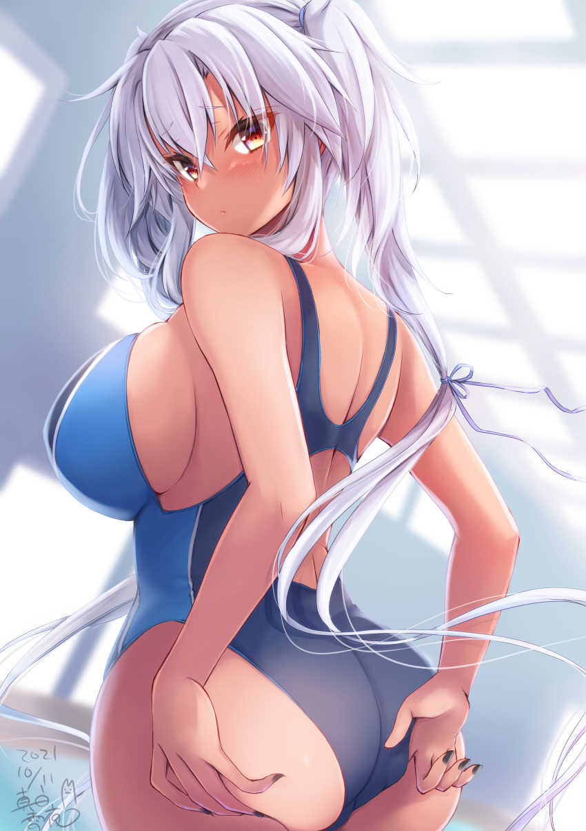 1girl, absurdres, adjusting_clothes, adjusting_swimsuit, ass, back, black_nails, blue_swimsuit
